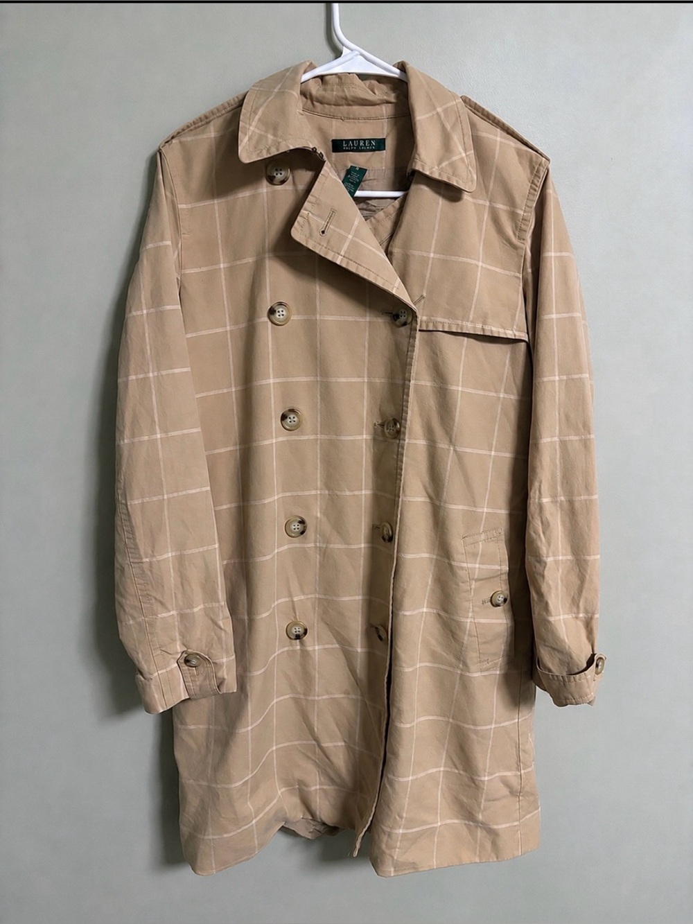 Ralph Lauren LRL Tan Windowpane Plaid Trench Coat Size Medium 100% Cotton